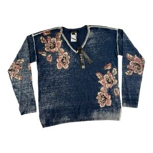 Charlie B Reverse Print Floral V-Neck Sweater Blue Wmn’s Size S MSRP$136NWT